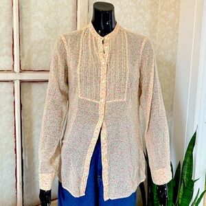 Gap Butter Yellow Floral Pattern Button Up Blouse with Tuxedo Bib Detailing Med